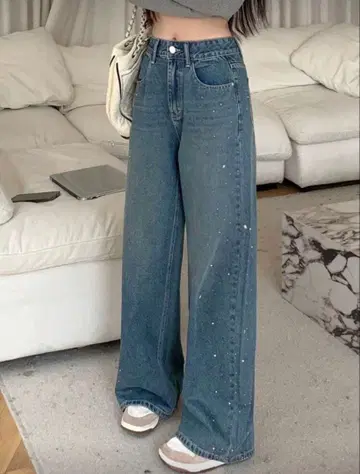 블루 와이드 레그 데님 팬츠 반짝이는 스톤