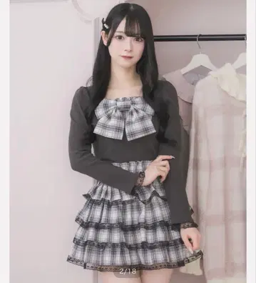pium 체크 리본 티셔츠 & 스커트 셋업