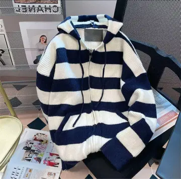 스트라이프 후드 부착 니트 집업