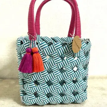 바스켓백 크라프트밴드 터콰이즈 화이트 스트라이프 핑크 핸들 태슬 포함