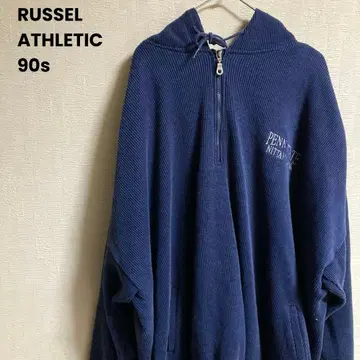 90s RUSSEL ATHLETIC 하프 지퍼 써멀 후드티 기업 로고