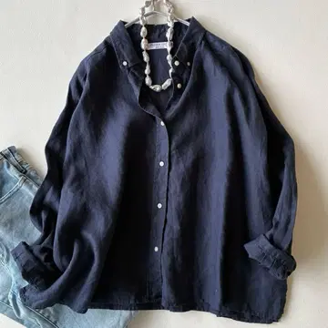 미라 오웬 넉넉한 프렌치 린넨 100% 박스 실루엣 네이비 셔츠