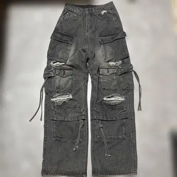 00's y2k 데미지 배기 카고 팬츠 데님 팬츠 블랙 그레이