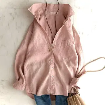마드모아젤논논 린넨 100% 셔츠 린넨 긴팔 핑크 일본제