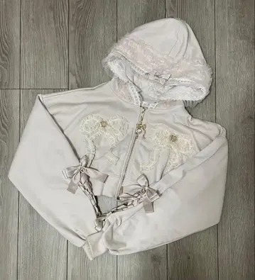 LIZLISA 프릴 리본 크롭 후드티 핑크 레이스