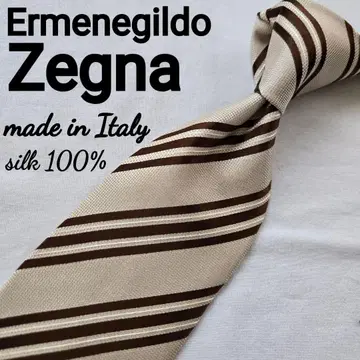 새상품급 zegna 베이지 브라운 스트라이프 넥타이 실크 이탈리아제