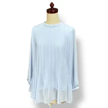 플라스테 플리츠 쉬폰 블라우스 풀오버 스카이블루 포근한 라이너