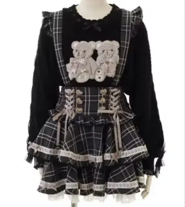 LIZLISA 사다리 리본 체크 티어 치마바지 핑크 x 블랙