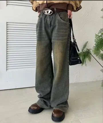 빈티지 라이크 워싱 와이드 데님