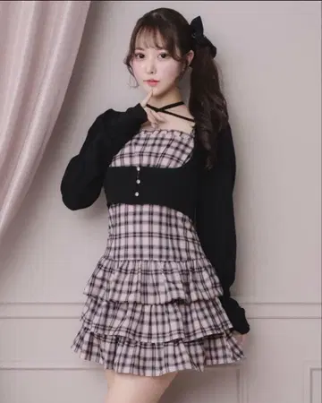 피움 pium 비쥬 가디건 x 체크 원피스 세트 핑크