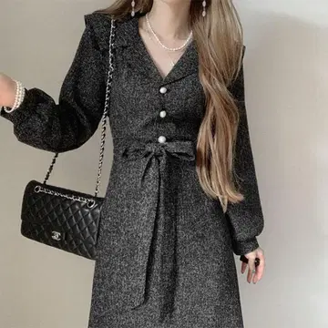 sona 트위드 세일러 카라 리본 롱 원피스