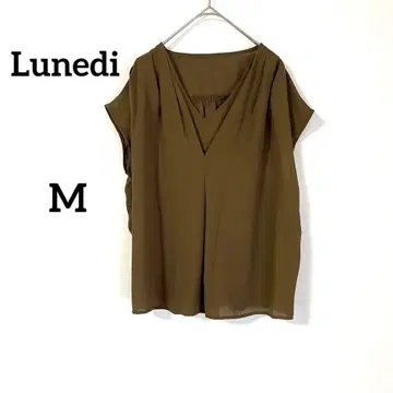 [루네디] 블라우스 M 카키 비침 V넥 프렌치 슬리브 얇은 소재 출퇴근