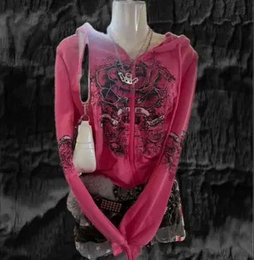 y2k 핑크 후드티 grunge 타투 패턴 장미 NANA 헤이세이 갸루