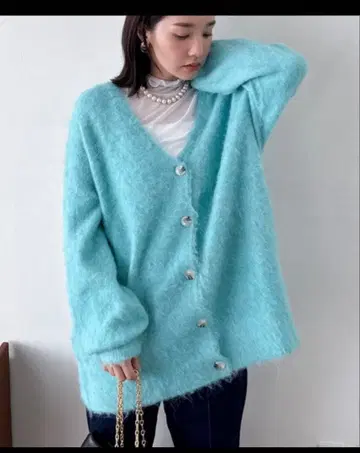 DOUX ARCHIVES 샤기 니트 가디건 터콰이즈 블루