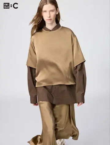 유니클로 새틴 오버 사이즈 숏 블라우스 베이지 L 사이즈