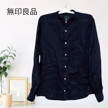 zC493 [ L ] 무인양품 셔츠 밴드 카라 무지 단추식 린넨