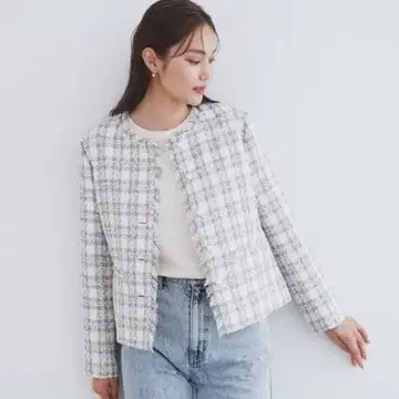 index 체크 트위드 노카라 코트 [세탁 가능] 아이보리 L