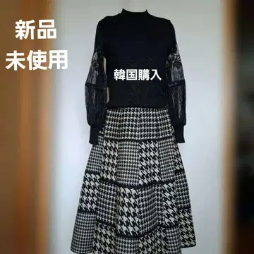 레이스 슬리브 니트탑 체크 무늬 스커트 셋업 한국 미사용 새상품