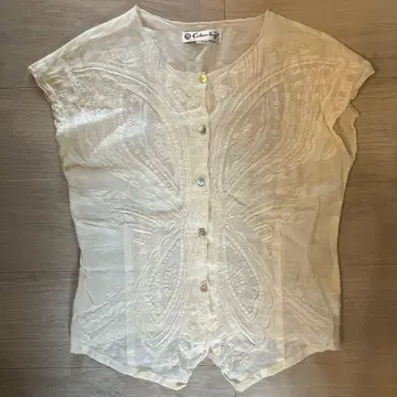 린넨 반팔 셔츠 아이보리 자수 프렌치 슬리브