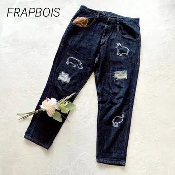 플라보아 사루엘 데님 팬츠 M 애니멀 무늬 데미지 가공 기린 패턴 지라프