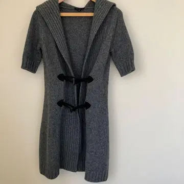 띠어리 후드 부착 반팔 롱 가디건