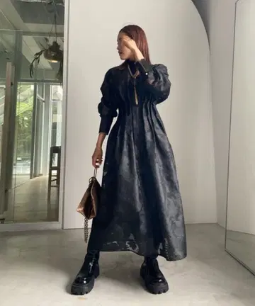 Ameri VINTAGE 시어 자카드 턱 드레스