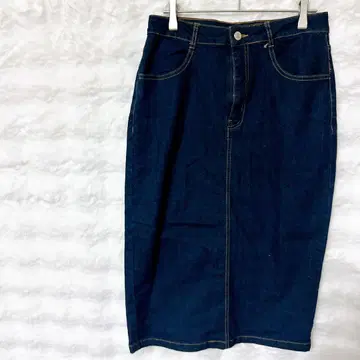 데님 타이트 스커트 M 인디고 종아리 기장 스트레치 백 슬릿