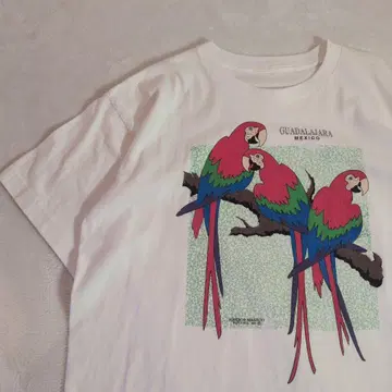 90s 잉꼬 아트 T셔츠 애니멀 화이트 빈티지