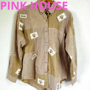 새상품급 PINK HOUSE 긴팔 셔츠 베이지 패치워크풍 곰 와펜 38