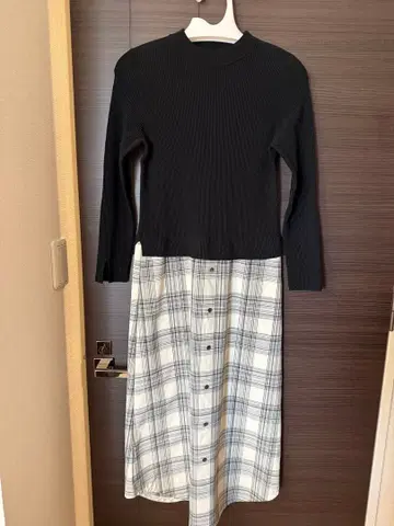 theory luxe 블랙 체크 무늬 롱 원피스 7부 소매 38 사이즈