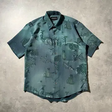 빈티지 구제 의류 그린 올 패턴 반팔 셔츠 하와이안 셔츠 남성용