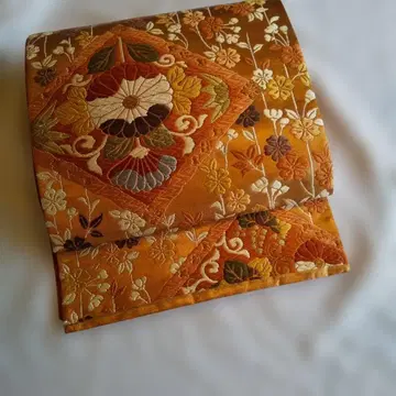 꽃무늬 자수 후쿠로 오비 오렌지 계열 고급 순수 실크 당금직 육통