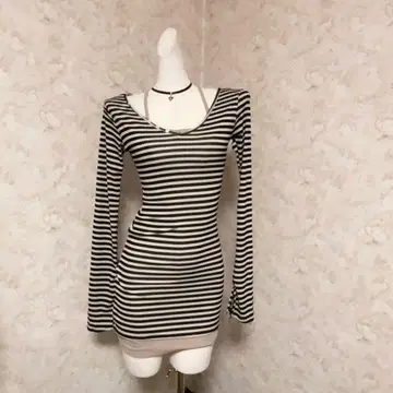 헤이세이 갸루 Y2K 스트라이프 긴팔 미니 원피스 2점 레이어드 스타일