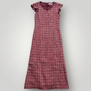 잉게보그 트위드 롱 원피스 리본 체크 핑크