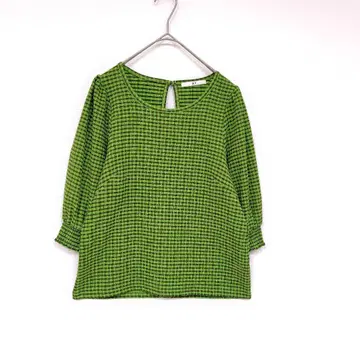 SLY 볼륨 슬리브 상의 F 그린 체크 무늬 요철 원단