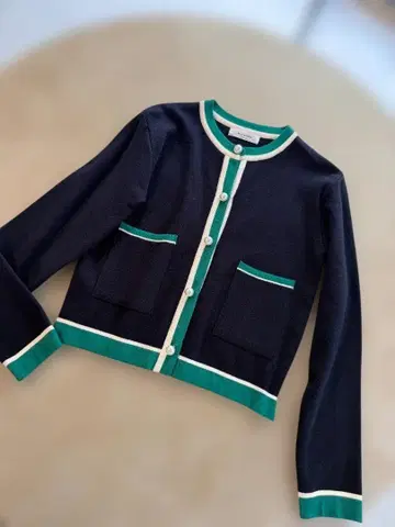 바이컬러 네이비 가디건 포켓 부착 새상품