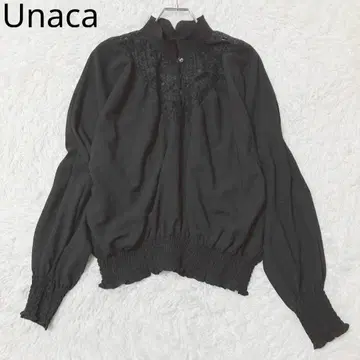 아나카 블라우스 레이스 절개 셔링 스탠드 카라 블랙 38