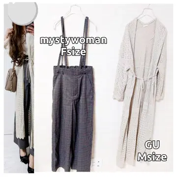 코디 세트 서스펜더 부착 와이드 팬츠 시스루 니트 롱 가디건