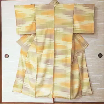 이로무지 이중 기모노 그라데이션 노랑 주황 그레이 순수 실크