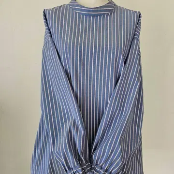 스탠드 칼라 스모크풍 블라우스 코튼 스트라이프 상쾌한 블루