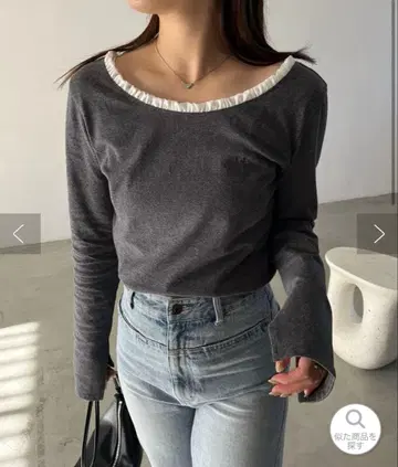 프릴 옷깃 보트넥 T셔츠