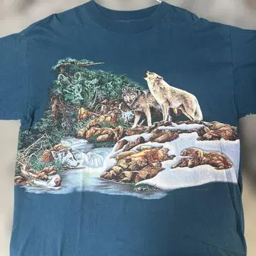 아이묭 착용 동패턴 90s 울프 T셔츠 양면 프린트 블루 XL