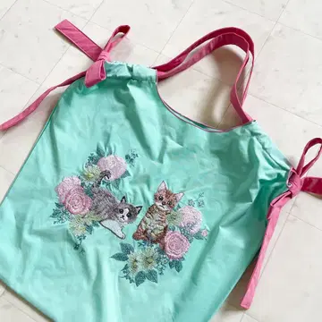로즈 티아라 고양이 자수 에코백 블루그린 핑크 리본 고양이 가방