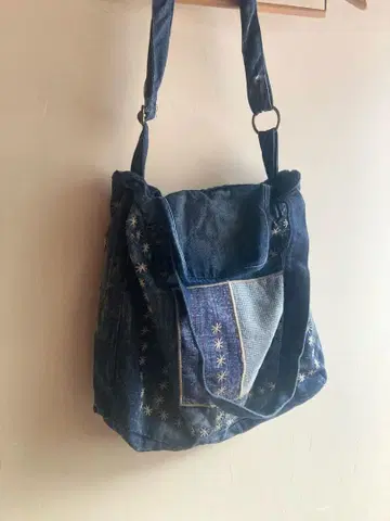 데님 자수 숄더백/천 가방/사선 가케/레트로/빈티지풍/빈티지 원단