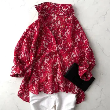 새상품급 AK1 프린트 블라우스 루즈핏 코튼 실크 레드 F