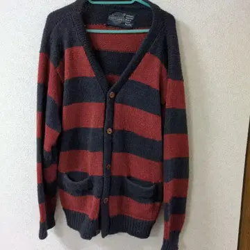 ARTESANIA 손뜨개질 가디건 빨간색과 네이비 스트라이프
