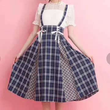 시크릿허니 체크 무늬 롱 스커트 서스펜더