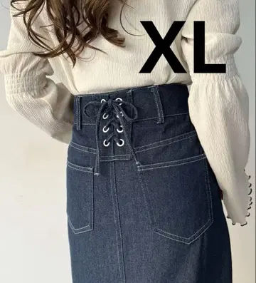 JUNOAH 백 레이스업 롱 데님 스커트 네이비 XL 사이즈