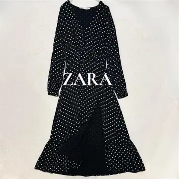 ZARA 자라 도트 맥시 길이 원피스 V넥 슬릿 플레어 블랙