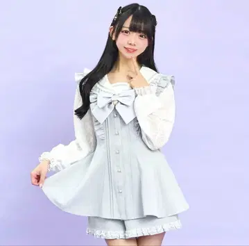 Secret Honey 레이스 세일러 카라 셋업 Gray 스카이블루